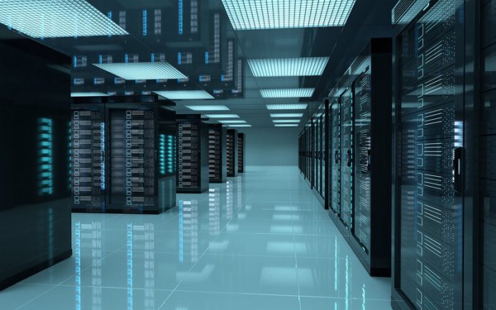 Dark servers data center room with computers and storage systems 3D rendering